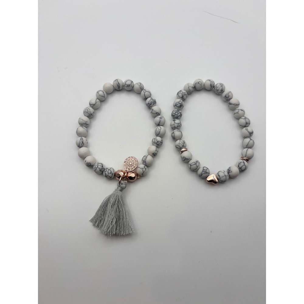 White Marble Howlite Bead Stretch Bracelet Set Rose Gold Tassel Heart 2pc Boho